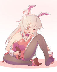  1girl ahoge animal_ear_hairband animal_ears bare_arms bare_shoulders black_pantyhose bow bowtie breasts brown_eyes collarbone commentary detached_collar fake_animal_ears footwear_bow full_body grey_hair hairband high_heels highres holding holding_shoes kyarahiba leotard light_blush long_hair one_eye_closed onii-chan_wa_oshimai! oyama_mahiro pantyhose pink_background playboy_bunny rabbit_ears red_bow red_bowtie red_footwear red_leotard shoes simple_background single_shoe sitting small_breasts solo strapless strapless_leotard tearing_up white_hairband wince wrist_cuffs 