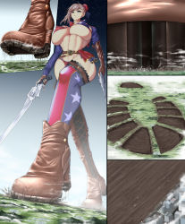  abs absurdres blue_eyes boots breasts brown_hair city destruction fate_(series) gabbit giant giantess high_boots highres large_breasts miyamoto_musashi_(fate) muscular muscular_female shoeprint toes walking  rating:Questionable score:14 user:gigagiantess