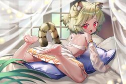  1girl :d animal_ear_fluff animal_ears bandeau barefoot cat_ears cat_girl cat_tail commission detached_sleeves fangs feet female_focus full_body indoors light_green_hair loli looking_at_viewer lying mitake_eil on_stomach open_mouth original pillow red_eyes short_hair signature skeb_commission skirt smile soles spread_legs tail toenails toes white_bandeau white_skirt window  rating:Sensitive score:40 user:danbooru