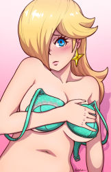  1girl akairiot bare_shoulders blonde_hair blue_bra blue_eyes blush bra breasts covering_breasts covering_privates earrings gradient_background hair_over_one_eye highres jewelry large_breasts lips looking_at_viewer mario_(series) navel nintendo pink_background rosalina signature solo star_(symbol) star_earrings super_mario_galaxy underwear unfastened  rating:Questionable score:169 user:danbooru