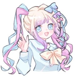  1girl :d blonde_hair blue_bow blue_eyes blue_hair blue_shirt blunt_bangs bow chouzetsusaikawa_tenshi-chan commentary cropped_torso english_commentary gradient_hair hair_bow hand_up long_hair long_sleeves looking_at_viewer multicolored_hair multiple_hair_bows needy_girl_overdose open_mouth pink_bow pink_hair purple_bow purple_hair quad_tails sailor_collar shirt sidelocks simple_background smile solo upper_body white_background yukomeow 