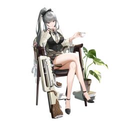  1girl apron assault_rifle black_footwear black_ribbon black_skirt black_survival black_vest book breasts bullpup buttons chair closed_mouth collared_shirt crossed_legs cup eternal_return:_black_survival famas gem grey_eyes grey_hair gun hair_ribbon haze_(black_survival) highres hime_cut holding holding_cup jewelry leaf long_sleeves looking_at_viewer medium_breasts miniskirt name_tag official_alternate_costume official_art plant ponytail potted_plant red_gemstone ribbon rifle shirt sitting skirt solo thighs vest waist_apron watch weapon white_background white_shirt wristwatch 