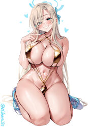  1girl alternate_costume areola_slip asuna_(blue_archive) bare_shoulders bikini blue_archive blue_eyes blue_halo blue_nails blush breasts commentary_request criss-cross_halter ebifurya eyes_visible_through_hair gold_one-piece_swimsuit hair_over_one_eye halo halterneck highres large_breasts light_brown_hair long_hair looking_at_viewer mole mole_on_breast navel one-piece_swimsuit shoes simple_background sitting slingshot_swimsuit smile sneakers solo stomach string_bikini swimsuit twitter_username v very_long_hair wariza white_background 