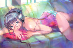  1girl ass black_eyes black_hair breasts camisole cleavage couch cushion female_focus glasses headphones indoors lips lying mekarauroko on_stomach original panties small_breasts smile solo strap_slip striped_clothes striped_panties underwear  rating:Sensitive score:16 user:danbooru