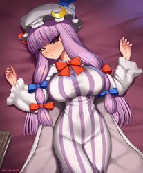  1girl bed bedroom blush book bow breasts bulge cleavage doll_hat dress kuroonehalf large_breasts long_hair looking_at_viewer navel_visible_through_clothes on_bed patchouli_knowledge purple_hair ribbon solo striped sweatdrop thick_thighs thighs touhou wide_hips 