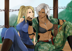2girls abs bare_shoulders black_bra blonde_hair blue_eyes bra breasts brown_eyes camouflage cleavage curvy dark-skinned_female dark_skin dog_tags fence fingerless_gloves full-length_zipper gloves grabbing_another&#039;s_chin hand_on_another&#039;s_chin hayame_(m_ayame) impossible_clothes interracial large_breasts lips long_hair multiple_girls navel open_clothes ponytail sarah_bryant sega silver_hair sitting toned underwear vanessa_lewis very_dark_skin virtua_fighter wide_hips yuri zipper rating:Sensitive score:45 user:danbooru