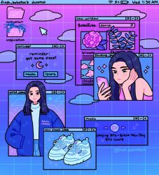  1girl blue_footwear blue_jacket blue_shirt blue_theme cloud crescent_moon cursor denim digital_media_player draw_this_in_your_style_challenge emily_kim english_text flower folder gradient_background grid_background highres holding holding_phone icon_(computing) jacket jeans moon multiple_views original pants peony_(flower) phone pink_clouds plant purple_flower purple_tank_top purple_theme shirt shoes sky sleeveless sneakers tank_top unworn_footwear user_interface whorled_clouds window_(computing) windows_desktop 