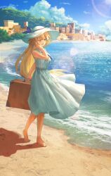  1girl asagi_futsuka barefoot beach blonde_hair blue_eyes blue_necktie blue_sky cloud collared_dress commentary day dress fate/grand_order fate_(series) hat highres holding holding_suitcase jeanne_d&#039;arc_(distant_pilgrimage)_(fate) jeanne_d&#039;arc_(fate) long_hair necktie ocean official_alternate_costume outdoors sand sky sleeveless sleeveless_dress smile solo suitcase sun_hat sunlight toes very_long_hair water white_dress white_hat 