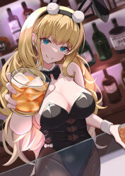  1girl absurdres alcohol animal_ears azur_lane backless_leotard bar_(place) black_bow black_bowtie black_leotard blonde_hair blue_eyes bottle bow bowtie breasts cleavage collarbone covered_navel cup detached_collar dot_nose fake_animal_ears glass_table hair_ornament head_tilt highres holding holding_cup incoming_drink indoors large_breasts leotard long_hair looking_at_viewer north_carolina_(azur_lane) north_carolina_(the_heart&#039;s_desire)_(azur_lane) official_alternate_costume pantyhose playboy_bunny pom_pom_(clothes) pom_pom_hair_ornament rabbit_ears rizzy sidelocks smile strapless strapless_leotard table very_long_hair wavy_hair wrist_cuffs 