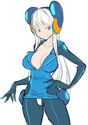1girl blue_eyes bodysuit breasts collarbone commentary_request dress electro_emilia hand_on_own_hip headgear ken_(koala) large_breasts looking_at_viewer original panties short_dress simple_background skin_tight smile solo underwear white_background white_hair rating:Sensitive score:8 user:danbooru