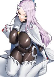  1girl absurdres black_bodysuit bodysuit boots breasts covered_erect_nipples curvy gloves green_eyes highres horns huge_breasts long_hair looking_at_viewer mato_seihei_no_slave purple_eyes smile solo thick_thighs thigh_boots thighs white_background white_gloves yoshio_(55level) yuno_naon 