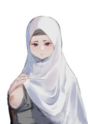  1girl hand_on_own_chest hijab lips looking_at_viewer nipples one_breast_out red_eyes simple_background upper_body white_background yohohoho 