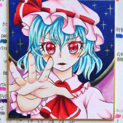 1girl absurdres ascot ayanagi_honpo bat_wings blue_background blue_hair collared_shirt frilled_shirt_collar frilled_sleeves frills hair_between_eyes hat highres looking_at_viewer marker_(medium) medium_hair nail_polish open_mouth outstretched_arm photo_(medium) pink_hat pink_shirt puffy_short_sleeves puffy_sleeves red_ascot red_eyes red_nails red_ribbon remilia_scarlet ribbon ribbon-trimmed_headwear ribbon_trim shirt short_sleeves solo touhou traditional_media upper_body wings 