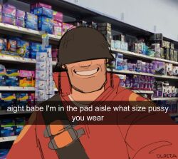  1boy artist_name commentary covered_eyes dloeza english_text explosive facing_viewer grenade grin hashtag-only_commentary helmet highres long_sleeves male_focus meme menstrual_pad photo_background smile snapchat soldier_(tf2) solo supermarket team_fortress_2 teeth upper_body what_size_pussy_you_wear_(meme) 