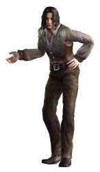 1boy belt capcom full_body hand_on_own_hip highres hip_focus jewelry looking_at_viewer luis_sera male_focus official_art resident_evil resident_evil_4 ring simple_background solo standing rating:Sensitive score:2 user:spiderfan