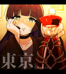  1girl absurdres black_choker black_dress black_hair blunt_bangs blurry blurry_foreground bocchi_the_rock! chin_piercing choker colored_inner_hair commentary_request dress goumonsha green_eyes head_rest highres hime_cut long_hair long_sleeves looking_at_viewer multicolored_hair pa-san purple_hair soy_sauce_bottle translation_request 