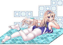  1girl :p anklet ass blonde_hair blue_eyes bracelet breasts competition_swimsuit enterprise_(warship_girls_r) feet full_body hair_flaps hairband jewelry large_breasts long_hair looking_at_viewer lying nail_polish no_shoes on_stomach one-piece_swimsuit pantyhose smile solo swimsuit thighband_pantyhose tongue tongue_out warship_girls_r weibo_logo white_pantyhose z.s.w. 