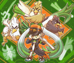  1girl banchou black_dress creatures_(company) dated delinquent dress farfetch&#039;d fighting_miku_(project_voltage) food full_body galarian_farfetch&#039;d game_freak gen_1_pokemon gen_8_pokemon hat hat_over_one_eye hatsune_miku holding holding_food holding_vegetable looking_at_viewer mouth_hold necktie nintendo open_mouth orange_hat pokemon pokemon_(creature) project_voltage shuri_(syurigame) signature sirfetch&#039;d spring_onion stalk_in_mouth v-shaped_eyebrows vegetable vocaloid white_footwear white_necktie yellow_eyes 