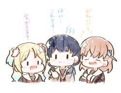  3girls :3 blonde_hair blue_hair blue_ribbon blush brown_cardigan brown_dress cardigan chibi chibi_only clenched_hands closed_eyes closed_mouth colored_tips commentary_request cropped_torso crossed_bangs dark_blue_hair dress fanged_bangs flower frown g_teall hair_flower hair_ornament hair_ribbon hasu_no_sora_school_uniform highres hinoshita_kaho light_blue_hair link!_like!_love_live! long_sleeves love_live! low_twintails multicolored_hair multiple_girls murano_sayaka neckerchief open_cardigan open_clothes open_mouth osawa_rurino parted_bangs pink_flower red_neckerchief ribbon sailor_collar sailor_dress school_uniform simple_background teeth translation_request twintails upper_teeth_only virtual_youtuber white_background white_flower white_sailor_collar winter_uniform |_| 