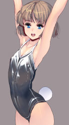  1girl armpits arms_up blue_eyes brown_hair covered_erect_nipples cowboy_shot flat_chest grey_background highres kouno_(masao) latex long_hair one-piece_swimsuit open_mouth original rabbit_tail school_swimsuit shiny_clothes short_hair simple_background solo standing swimsuit tail  rating:Sensitive score:19 user:danbooru