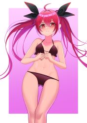 1girl absurdres ahoge bikini bikini_pull black_bikini black_bow border bow closed_mouth clothes_pull collarbone date_a_live flat_chest floating_hair frown gradient_background groin hair_between_eyes hair_bow hair_intakes highres itsuka_kotori long_hair looking_at_viewer navel outside_border pajaaa18 pink_background red_eyes red_hair shiny_skin solo swimsuit thigh_gap twintails very_long_hair white_border rating:Sensitive score:23 user:danbooru