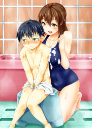  1boy 1girl :d age_difference barefoot bath_stool bathing bathroom bathtub between_legs black_hair blue_one-piece_swimsuit blush breast_press breasts breasts_squeezed_together brown_eyes brown_hair bulge cleavage clenched_hand closed_mouth clothed_female_nude_male collarbone covered_navel covering_crotch covering_privates embarrassed erection erection_under_clothes erection_under_towel full_body green_eyes hair_between_eyes hand_between_legs hetero highres hip_focus indoors kneeling knees_together_feet_apart large_breasts long_hair looking_at_another looking_away looking_down looking_to_the_side mixed-sex_bathing naked_towel naughty_face nose_blush nude one-piece_swimsuit onee-shota open_mouth original raised_eyebrows ron-bb69 shared_bathing short_hair shota sitting smile soap soap_bubbles steam stool swimsuit tile_wall tiles towel tsubuki_(ron-bb69) v_arms washing washing_back water wet wet_clothes white_towel 