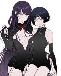  2girls absurdres alternate_costume alternate_hairstyle bare_shoulders black_bodysuit black_gloves blue_eyes blue_hair blunt_ends bodysuit breasts closed_mouth collarbone commentary covered_collarbone covered_navel dark_blue_hair elbow_gloves english_commentary eyelashes eyeshadow fingerless_gloves fingernails genderswap genderswap_(mtf) genshin_impact gloves hair_between_eyes hand_up highres long_hair looking_at_viewer makeup mandarin_collar medium_breasts mole mole_under_eye multiple_girls nail_polish neck_ribbon no_headwear pillosopi purple_eyes purple_hair purple_nails raiden_shogun red_eyeshadow red_ribbon ribbon scaramouche_(genshin_impact) short_hair sidelocks simple_background standing twitter_username v-shaped_eyebrows white_background 