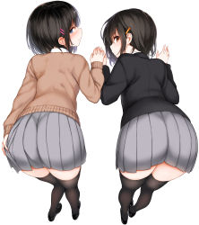2girls absurdres ass black_footwear black_hair black_jacket black_legwear blue_eyes blush brown_sweater closed_mouth commentary_request copyright_request from_behind full_body grey_skirt hair_ornament hairclip hand_on_own_ass highres holding_hands hoshizuki_kaede hoshizuki_suzu jacket kaede_to_suzu kyokucho leaning_forward long_sleeves looking_at_viewer looking_back love_me mole mole_on_neck multiple_girls orange_eyes pleated_skirt school_uniform shoes short_hair siblings simple_background sisters skirt standing sweater thighhighs white_background rating:Sensitive score:159 user:danbooru