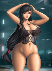 1girl abs absurdres black_hair breasts brown_eyes clothing_request female_focus final_fantasy final_fantasy_vii final_fantasy_vii_remake flowerxl gloves highres large_breasts long_hair nipples_through_clothes paid_reward patreon patreon_reward revealing_clothes square_enix standing tagme thick_thighs thighhighs thighs tifa_lockhart