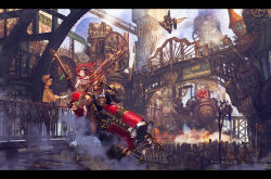  1boy 1girl building city clock clown dual_wielding gears gloves goggles goggles_on_head gun holding letterboxed long_hair machine original outdoors pointing red_hair robot scared science_fiction short_hair sky steam steampunk tears tomono_rui tower vehicle weapon  rating:Sensitive score:19 user:danbooru