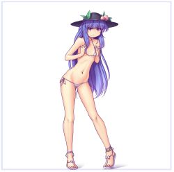  &gt;:) 1girl bare_legs bare_shoulders bikini blue_hair border breasts_squeezed_together breasts contrapposto feet food food-themed_clothes fruit full_body groin hat hater_(hatater) highres hinanawi_tenshi leaf legs long_hair looking_at_viewer micro_bikini navel navel_piercing peach petite piercing red_eyes sandals side-tie_bikini_bottom simple_background skinny small_breasts smile solo standing swimsuit toes touhou v-shaped_eyebrows very_long_hair white_background white_bikini  rating:Questionable score:47 user:danbooru