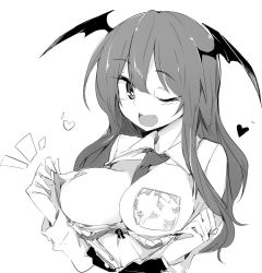 1girl ;d bat_wings between_breasts bra bra_pull breasts clothes_pull demon_girl demon_wings dress_shirt eyelashes fang hair_between_eyes head_wings heart heart-shaped_pupils kamukamu_(ars) koakuma large_breasts long_hair monochrome necktie one_eye_closed open_clothes open_mouth open_shirt pasties shirt simple_background smile solo symbol-shaped_pupils touhou underwear white_background wings rating:Questionable score:16 user:danbooru