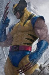 1boy blood bloody_weapon bodysuit building claws commentary cowboy_shot english_commentary facial_hair highres male_focus marvel mask muscular official_art realistic simple_background snowing solo standing stanley_lau superhero_costume weapon western_comics_(style) wolverine_(x-men) x-men 