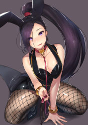 1girl animal_ears arm_support bare_shoulders black_leotard blush bracelet breasts choker cleavage collar collarbone dragon_quest dragon_quest_xi eyes_visible_through_hair fake_animal_ears fishnet_pantyhose fishnets grey_background heart heart-shaped_pupils heart_choker highres holding holding_leash jewelry kagematsuri large_breasts leash leotard licking_lips long_hair looking_at_viewer martina_(dq11) pantyhose playboy_bunny ponytail purple_eyes purple_hair rabbit_ears revision shiny_clothes solo squatting swept_bangs symbol-shaped_pupils tongue tongue_out very_long_hair vest rating:Sensitive score:102 user:danbooru
