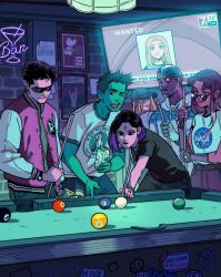  3boys 3girls 8-ball aged_up alcohol ball bar_(place) baseball_cap beast_boy_(dc) beer beer_can billiard_ball billiards breaking_news can colored_skin cue_stick cyborg cyborg_(dc) dark-skinned_male dark_skin dc_comics drink_can english_text flat_screen_tv gabriel_picolo green_skin hat heineken highres holding holding_can holding_cue_stick life_magazine mechanical_parts multiple_boys multiple_girls nasa_logo news pointy_ears pool_table raven_(dc) robin_(dc) starfire sunglasses table teen_titans television terra_(dc) wanted watching_television 