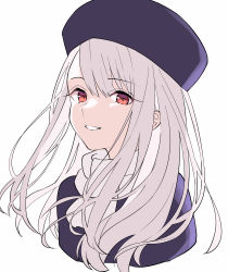  1girl absurdres bad_id bad_pixiv_id commentary_request cropped_shoulders fate/stay_night fate_(series) fur_hat grey_hair grin hat highres illyasviel_von_einzbern jacket long_hair looking_at_viewer lq_saku papakha parted_lips portrait purple_hat purple_jacket red_eyes simple_background smile solo teeth white_background  rating:Sensitive score:10 user:danbooru