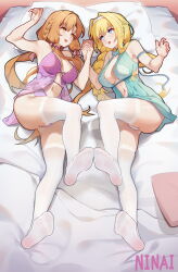  2girls absurdres alice_zuberg asuna_(sao) bed blonde_hair blue_eyes bra braid braided_ponytail breasts brown_eyes brown_hair highres holding_hands lace lace-trimmed_legwear lace_trim lingerie long_hair looking_at_another multiple_girls ninai no_shoes panties pillow soles sword_art_online sword_art_online:_alicization sword_art_online:_alicization_-_war_of_underworld thighhighs toes underwear white_thighhighs yuri 
