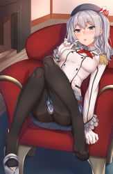 10s 1girl armchair bad_id bad_pixiv_id black_socks blue_eyes blue_skirt blush bow bowtie breasts chair collar epaulettes feet female_focus fireplace frilled_sleeves frills full_body gloves twirling_hair hat hat_bow highres indoors kantai_collection kashima_(kancolle) kneehighs knees_together_feet_apart kyuuso_inukami large_breasts long_legs looking_at_viewer military military_uniform miniskirt pantyhose parted_lips playing_with_own_hair pleated_skirt red_bow red_bowtie shoe_dangle shoes short_hair silver_hair single_shoe sitting skirt socks solo toes tsurime two_side_up uniform white_gloves wooden_floor rating:Sensitive score:51 user:danbooru