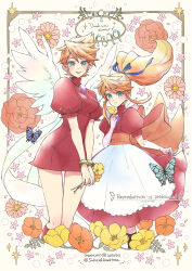  2girls absurdres angel_wings apron back_bow bird blonde_hair blue_ribbon bow bracelet breath_of_fire breath_of_fire_iii brooch bug butterfly dress elbow_gloves floral_background flower gloves green_eyes hair_ribbon highres holding holding_flower insect jewelry long_hair looking_at_viewer maruno multiple_girls nina_(breath_of_fire_iii) orange_bow ponytail puffy_short_sleeves puffy_sleeves purple_brooch red_dress ribbon short_hair short_sleeves sidelocks smile time_paradox twitter_username waist_apron white_apron white_gloves white_wings wings 