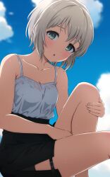  1girl :o absurdres aoba_moca aqua_eyes bang_dream! bare_arms bare_shoulders belt belt_buckle bike_shorts_under_skirt black_belt black_skirt blue_sky blush breasts buckle camisole cleavage cloud collarbone commentary_request cowboy_shot day from_side grey_hair hand_on_own_leg hand_on_own_thigh high-waist_skirt highres knee_up looking_at_viewer looking_to_the_side medium_breasts noshimurin official_alternate_costume outdoors parted_lips pencil_skirt raised_eyebrows see-through shirt_tucked_in short_hair side_slit sitting skirt sky solo sweat thigh_belt thigh_strap wet wet_clothes white_camisole 