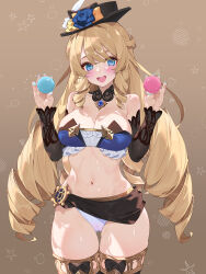  1girl alternate_costume bare_shoulders black_hat black_sleeves blonde_hair blue_eyes blue_gemstone blue_nails blue_tube_top blush breasts brown_background collarbone cowboy_shot detached_sleeves drill_hair drill_sidelocks flower food gem genshin_impact gradient_background hands_up hat hat_flower highres holding holding_food lace-trimmed_collar lace_trim large_breasts legs_together long_hair looking_at_viewer macaron nail_polish navel navia_(genshin_impact) open_mouth panties ship&#039;s_wheel_ornament sidelocks stomach strapless thigh_gap tube_top underwear waterring white_panties 