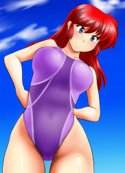  1girl absurdres blue_sky cloud commentary_request competition_swimsuit cowboy_shot curvy day female_focus genderswap genderswap_(mtf) hair_down hands_on_own_hips highleg highleg_swimsuit highres long_hair looking_at_viewer nanao_futaba one-piece_swimsuit outdoors purple_one-piece_swimsuit ranma-chan ranma_1/2 red_hair saotome_ranma shiny_skin sky solo swimsuit wide_hips  rating:Sensitive score:32 user:danbooru