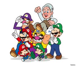  6+boys adjusting_clothes adjusting_headwear argyle baby_luigi baby_mario blue_eyes brown_hair buck_teeth carrying charles_martinet clapping commentary dual_persona elcajarito english_commentary facial_hair grey_hair grin highres luigi male_focus mario mario_(series) multiple_boys muscular muscular_male mustache nakaue_shigehisa_(style) nintendo old old_man overalls parody pointing real_life simple_background smile style_parody sweater_vest teeth voice_actor_connection walking waluigi wario white_background white_hair 