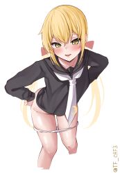  1girl blonde_hair collarbone commentary_request crescent crescent_pin hands_on_own_hips highres kantai_collection long_hair looking_at_viewer no_pants panties panty_pull sailor_collar satsuki_(kancolle) simple_background tf_cafe twintails twitter_username underwear white_panties yellow_eyes 
