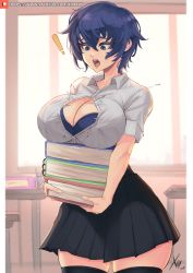  ! 1girl artist_name blue_bra blue_eyes blue_hair blue_skirt book book_stack bra breasts bursting_breasts cleavage curvy desk female_focus highres holding holding_book large_breasts matching_hair/eyes open_mouth patreon patreon_logo patreon_username persona persona_4 popped_button school_uniform shirogane_naoto short_hair signature skindentation skirt solo surprised thick_thighs thighhighs thighs tomboy underwear watermark web_address window xhaart  rating:Sensitive score:94 user:boyohboy