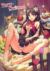 1girl absurdres animal_ears atdan bad_id bad_pixiv_id bare_shoulders barefoot black_hair blue_eyes blush breasts cake cat cat_ears center_opening cleavage fate/stay_night fate_(series) feet flower food food_on_head fruit hair_flower hair_ornament highres in_food legs long_hair long_legs maebari merry_christmas mini_person minigirl navel object_on_head open_mouth solo spread_legs strawberry toes tohsaka_rin two_side_up rating:Questionable score:56 user:danbooru