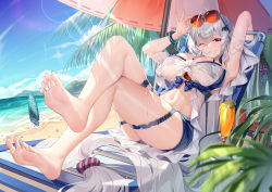  1girl ;o adjusting_eyewear arknights arm_up armpits bare_shoulders barefoot beach beach_chair beach_umbrella bracelet breasts chinese_commentary choker cleavage commentary_request crossed_legs drink drinking_straw drinking_straw_in_mouth eyewear_on_head feet foreshortening hair_between_eyes hair_ornament highres jewelry large_breasts long_hair looking_at_viewer meion navel official_alternate_costume on_chair one_eye_closed orca_hair_ornament outdoors plant red_eyes shirt short_shorts shorts silver_hair sitting skadi_(arknights) skadi_(waverider)_(arknights) skindentation solo stomach sunglasses sunlight surfboard swimsuit thigh_strap thighs toned tropical_drink umbrella very_long_hair wet white_shirt  rating:Sensitive score:78 user:danbooru