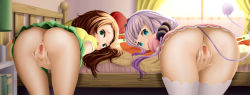  2girls anus ass bed bed_sheet bent_over blue_eyes blush brown_hair censored clitoris dkoro dragon_girl dragon_tail dress female_focus fingernails flat_chest gloves green_eyes hair_ornament kanna_kamui kobayashi-san_chi_no_maidragon legs_together light_purple_hair loli long_hair looking_at_viewer looking_back lying multicolored_hair multiple_girls no_panties on_bed open_mouth pink_dress presenting purple_hair pussy pussy_juice saikawa_riko spread_pussy tail take_your_pick thighhighs twintails white_gloves window  rating:Explicit score:395 user:Vardigiil