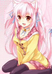  1girl :d animal_ears bell black_thighhighs blush borrowed_character breasts brown_eyes cat_ears cat_tail cleavage collarbone fang hair_ribbon highres knees_together_feet_apart large_breasts maruki_(punchiki) open_mouth original pink_hair pink_theme ribbon shia_flatpaddy sitting skirt smile solo tail tail_ornament tail_ribbon thighhighs twintails v_arms wariza  rating:Sensitive score:30 user:danbooru