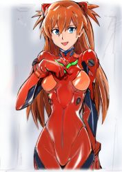  1girl arm_behind_back blue_eyes bodysuit breasts brown_hair curvy hair_between_eyes hair_ornament hand_on_own_chest highres interface_headset long_hair looking_at_viewer medium_breasts neon_genesis_evangelion plugsuit red_bodysuit shiny_clothes simple_background skin_tight solo source_request souryuu_asuka_langley two_side_up very_long_hair white_background wide_hips zele_(zele_yabenu)  rating:Sensitive score:17 user:danbooru